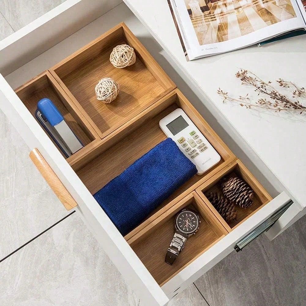 Drawer Organizer Tray - 調整可能な木製2段引き出し仕切り付き引き出しオーガナイザー、積み重ね可能なメイクアップデスク用収納ボックス、7グリッド付きコンテナトレイ