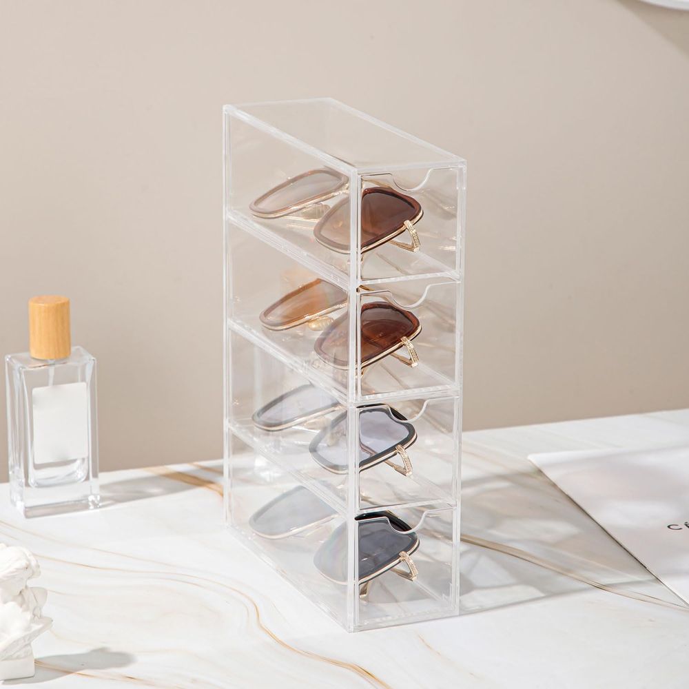 Drawer Organizer Tray - サングラス収納ボックス、アクリル製メガネオーガナイザー、メイクアップ収納引き出しトレイ、4層透明ビジュアルサングラスケースホームオブ