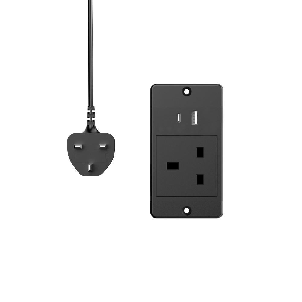 Office Furniture Uk - 英国製埋め込み型電源タップ、ACコンセント1口、USBポート2口、1.5mコード、省スペース、家庭用オフィスデスク家具用フラッシュマウント