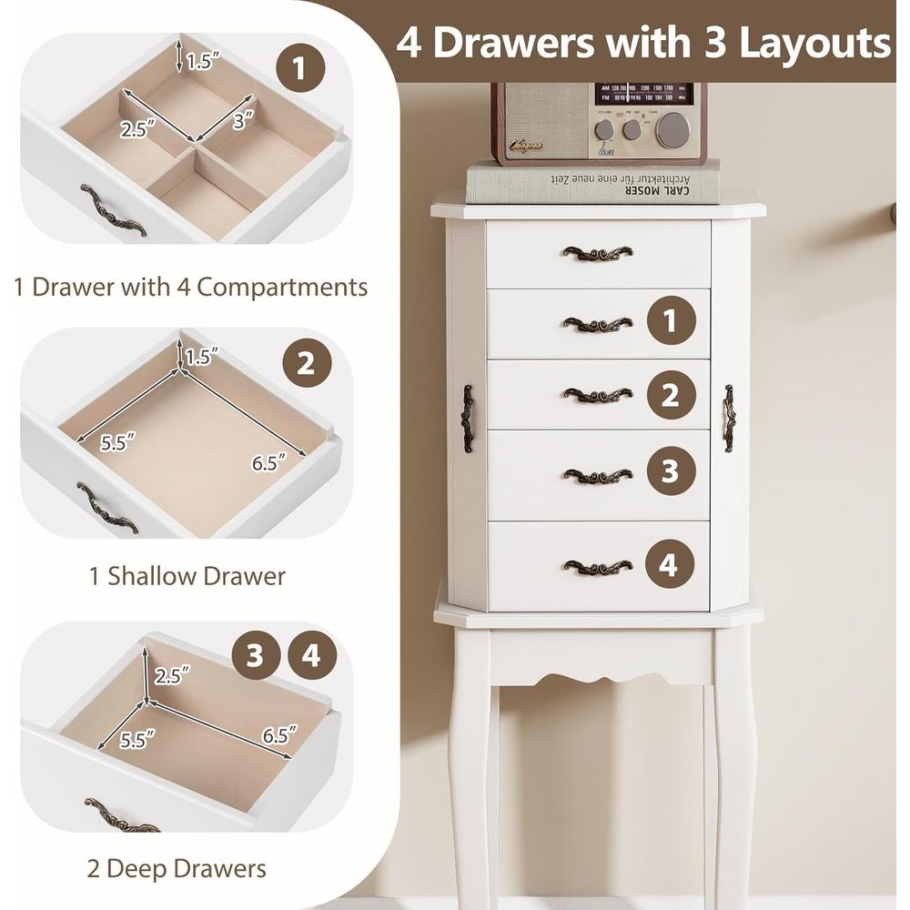 白いスタンド式ジュエリーアルモア、リップトップミラー、収納ト - Drawer Organizer Tray のレビューと価格